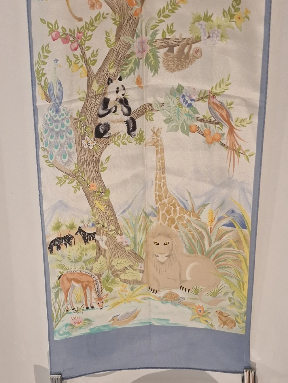 Safari Animals Printed Royal Silk Scarf in Pastel Blue